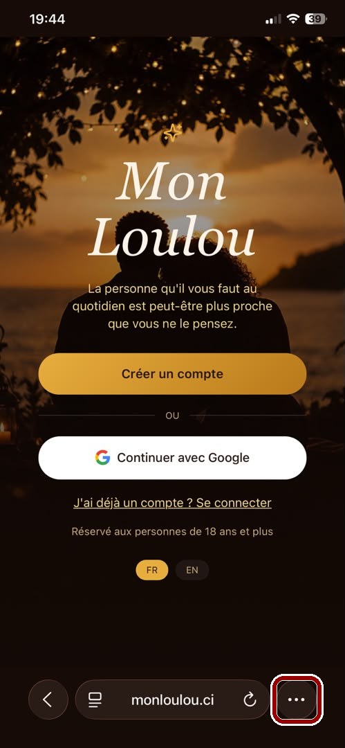 Écran d’accueil de Mon Loulou dans Safari, avec le bouton des trois points entouré en rouge