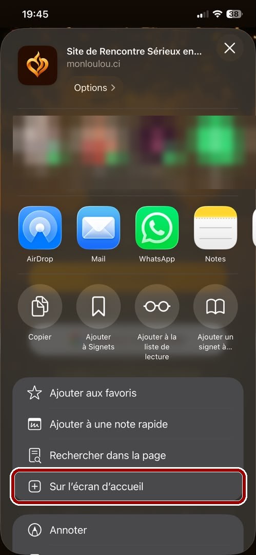 Liste d’options avec la ligne Sur l’écran d’accueil entourée en rouge